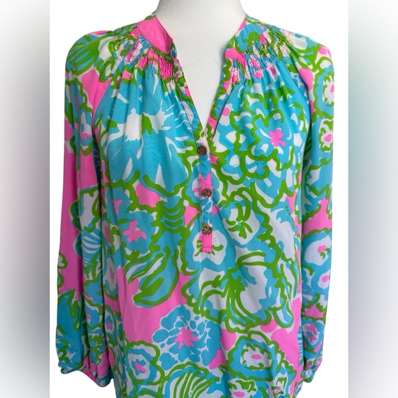 Lilly Pulitzer Elsa Silk Top Size S "A Delicacy" Pink Blue Green Floral Blouse - Picture 2 of 9